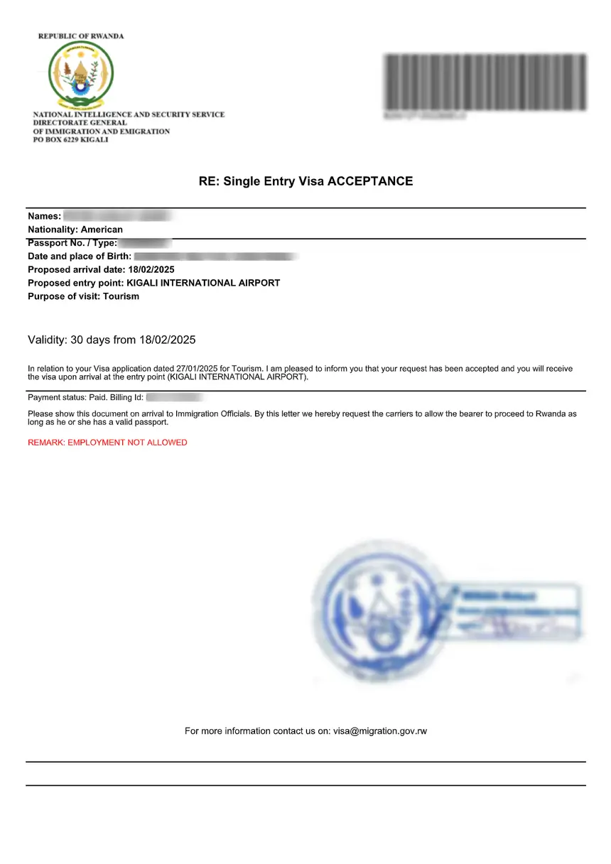 Ruanda eVisa Muster – elektronisches Visum